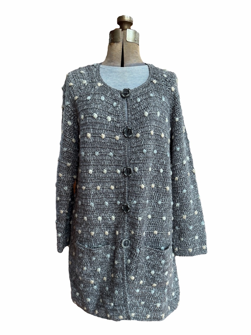 Sigrid Olsen knit long line cardigan duster wool blend textured heather grey